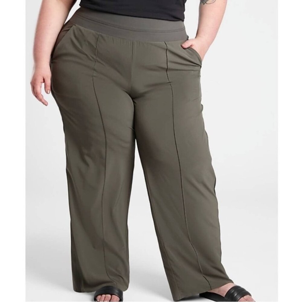 Athleta Nolita Wide Leg High Rise Stretch Pull On Pants Mountain Olive Green 24